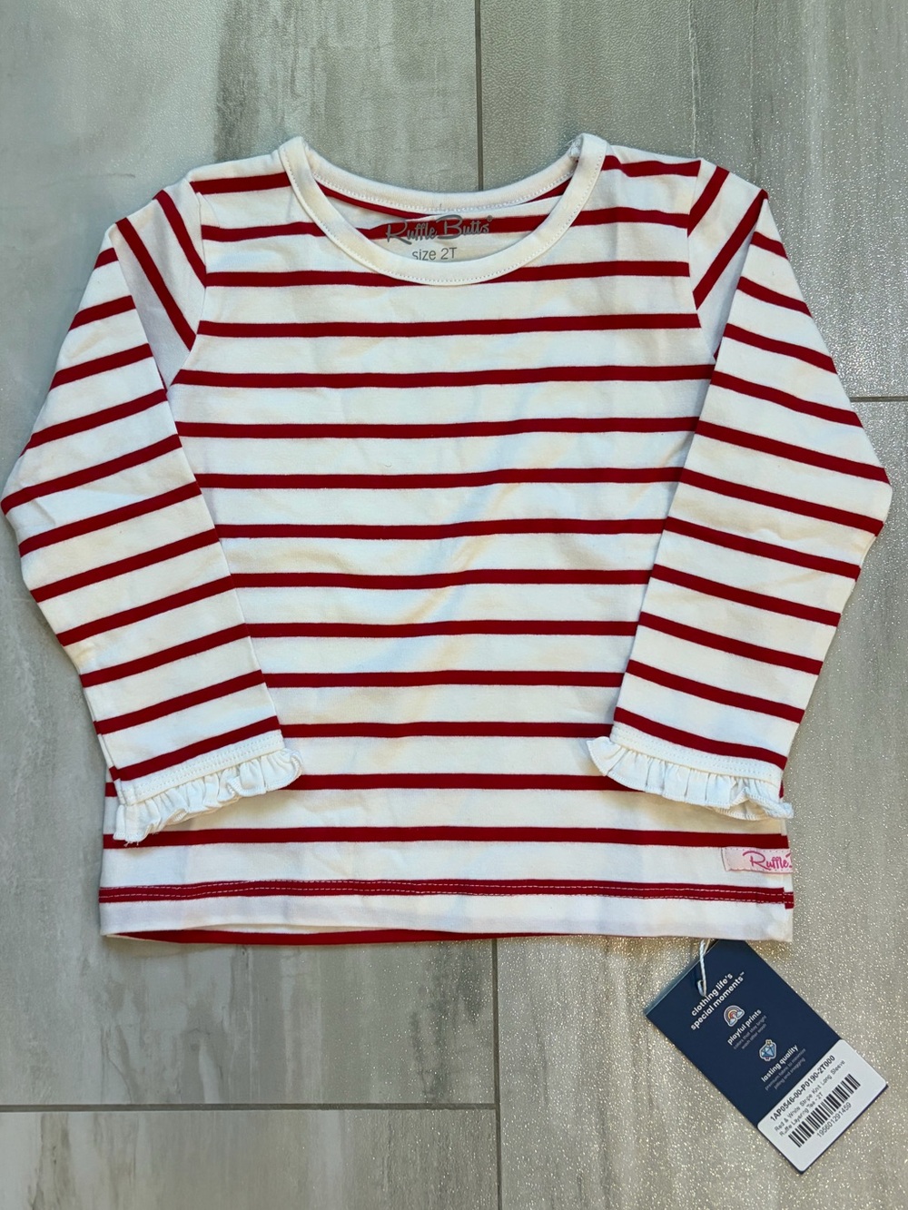 NWT RuffleButts Red and White Striped Ruffled Long-Sleeve T-Shirt Girls 2T